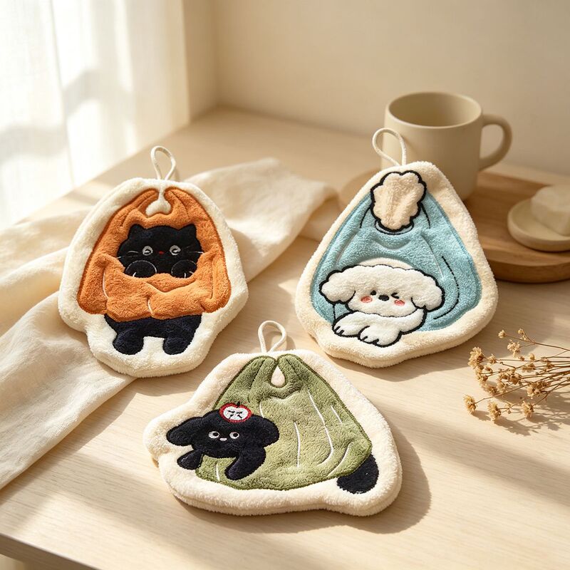 Pocket Cat Cartoon Hanging Hand Towel Cute Creative Children's Small Towel Coral Fleece Soft Quick-Dry Hand Towel