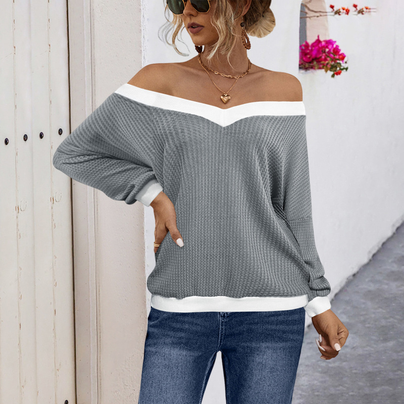 2026 Autumn/Winter Cross-Border Women's Clothing Ebay Amazon Hot-Selling Color-Blocked V-Neck Off-Shoulder Knitted Ribbed Top