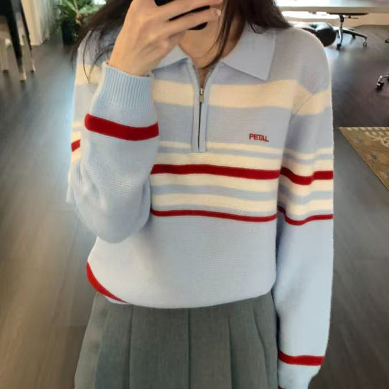 Korean-Style Fine Imitation Wool Color-Block Striped Half-Zip Knit Base Sweater Top 25 Autumn and Winter New Versatile Sweater for Women
