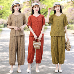 夏のお母さんの服装の国風のレジャーのスーツの新しい中国式の中高年の半袖の婦人服のゆったりしているファッションの洋風の2つのセット