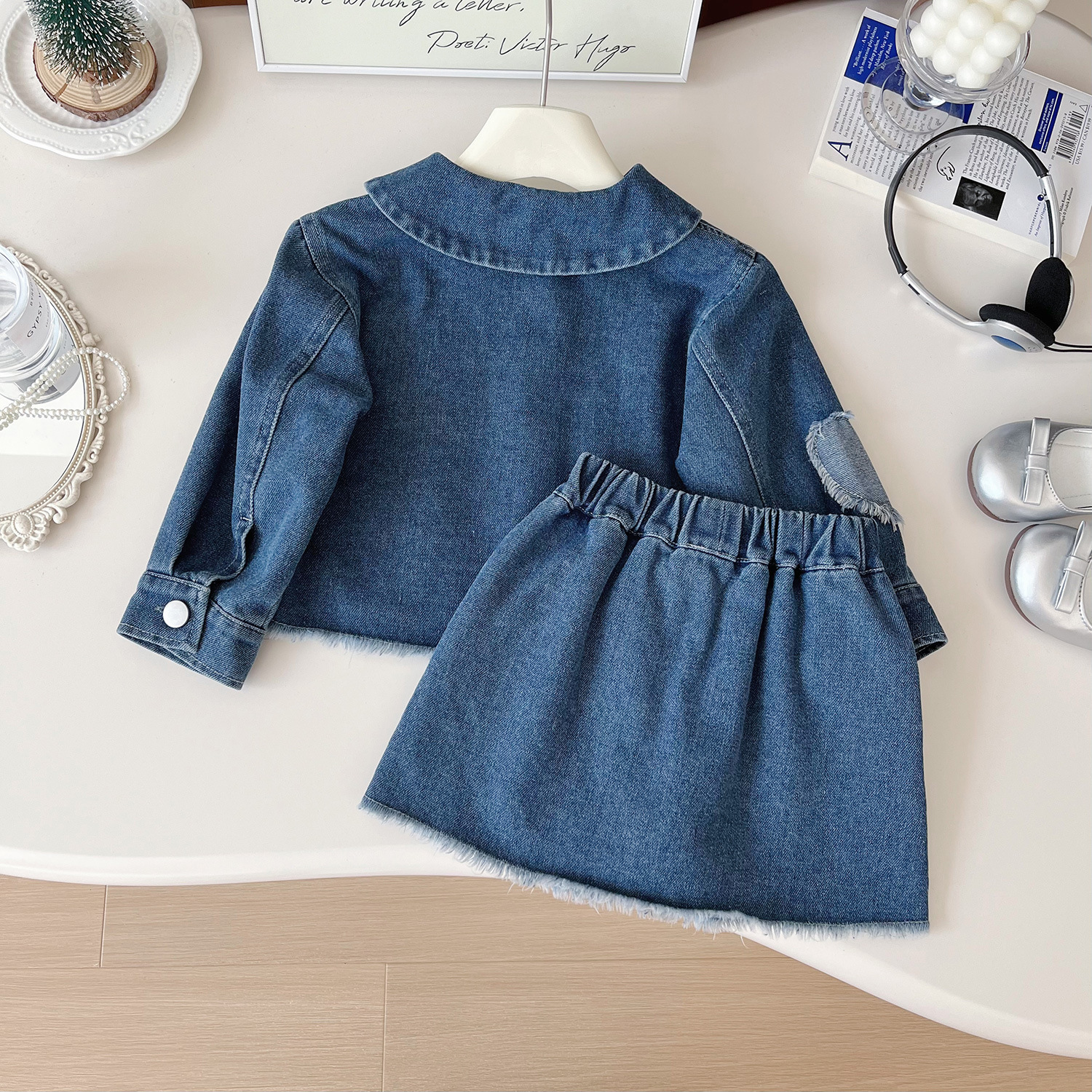 2024 autumn new Korean version girls' patchwork love skirt set, baby long sleeved socialite denim 67387_voghion.com