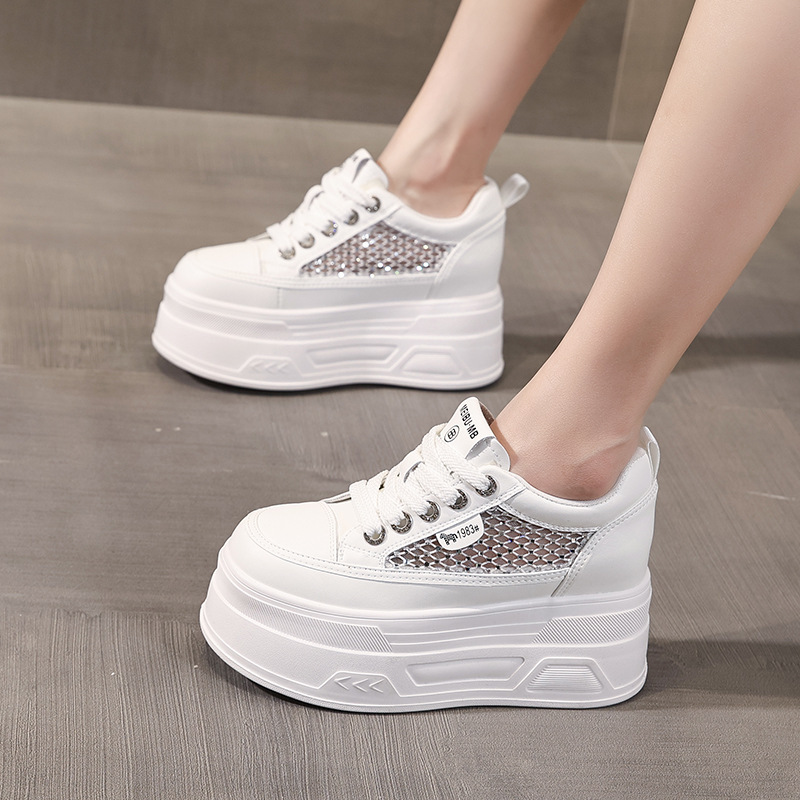 Giày sneaker nữ đế dày lưới mỏng mùa hè, tăng chiều cao bên trong, đính đá rhinestone — màu đen