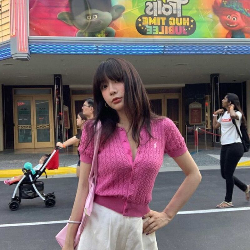 韩系休闲短袖针织上衣开衫女小衫短款2025春季新款显瘦小个子麻花|undefined