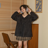 300斤特大码女装娃娃衫上衣韩版洋气V领系带绣花衬衫2025春秋新款，女装衬衫，变形策服饰