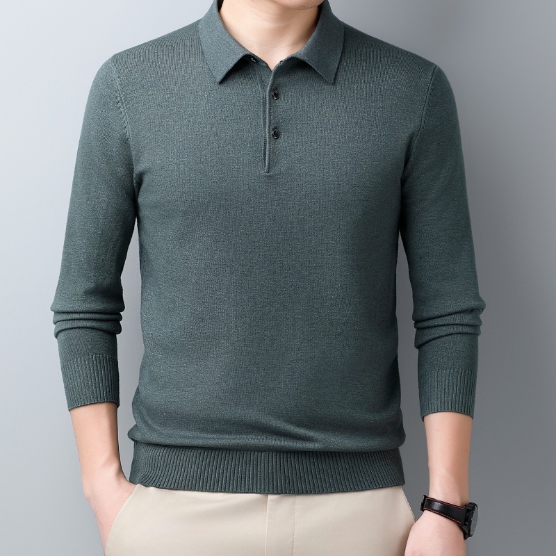 Autumn and Winter New Men's Pure Color Sweater Lapel Pullover Long-Sleeved T-Shirt Casual Middle-Aged Polo Collar Knitted Sweater