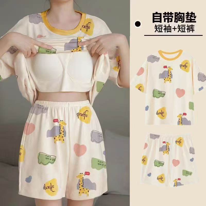 Pijama de mujer 2025 nuevo tamaño grande de verano con cojín de pecho de manga corta pantalones cortos impresos ropa casera delgada