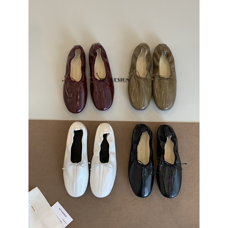 Sheepskin version~oil-waxed soft leather egg roll shoes, soft-soled ballet flats, bow-knot flat shoes, women's slip-on shoes
