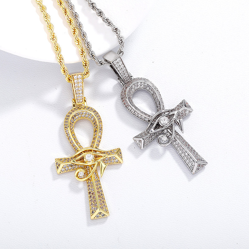 Amazon Hip Hop Eye of Horus Anh Cross Pendant Copper Zircon Vintage Joker Jewelry Necklace Wholesale