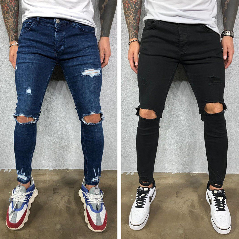 Summer Cross-Border Wish Popular High-Quality European and American Men's Ripped Elastic Leg Jeans Manufacturer 8812