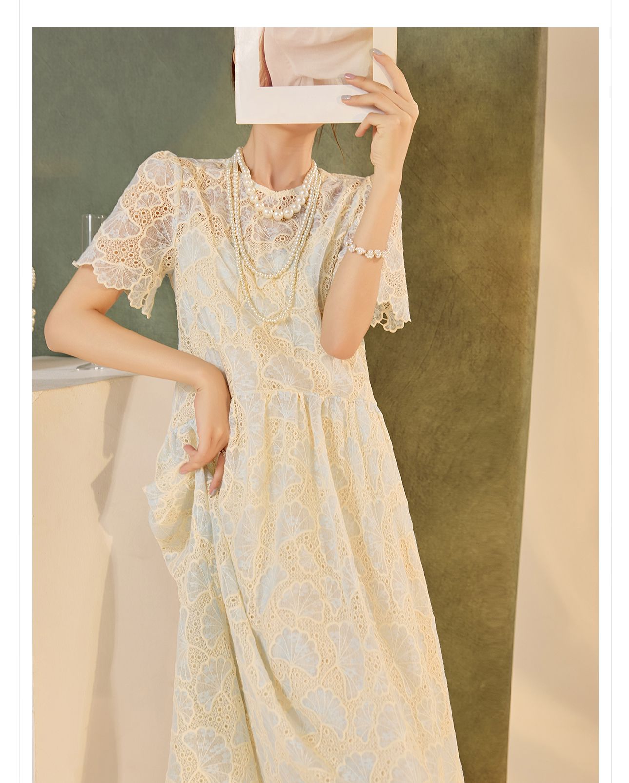 Đầm maxi nữ phong cách dân tộc dáng rộng, tay ngắn, thắt eo, thiết kế cổ tích mùa hè — Màu xanh lam hồng chi tiết 3