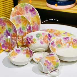 外贸陶瓷餐具厂家批发ins小清新繁花赖户烧系列15头套装盘碗杯碟