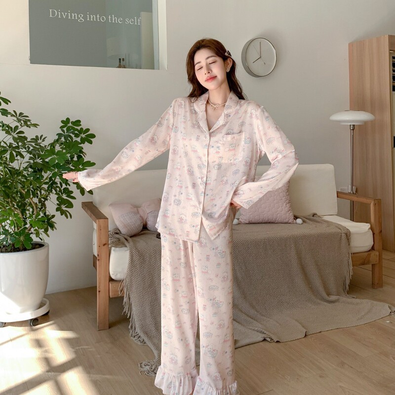 [Sweet Rabbit] New Style Ice Silk Pajamas for Women, Long-Sleeved and Long-Pants Cartoon Sweet and Cute Home Wear Thin Set