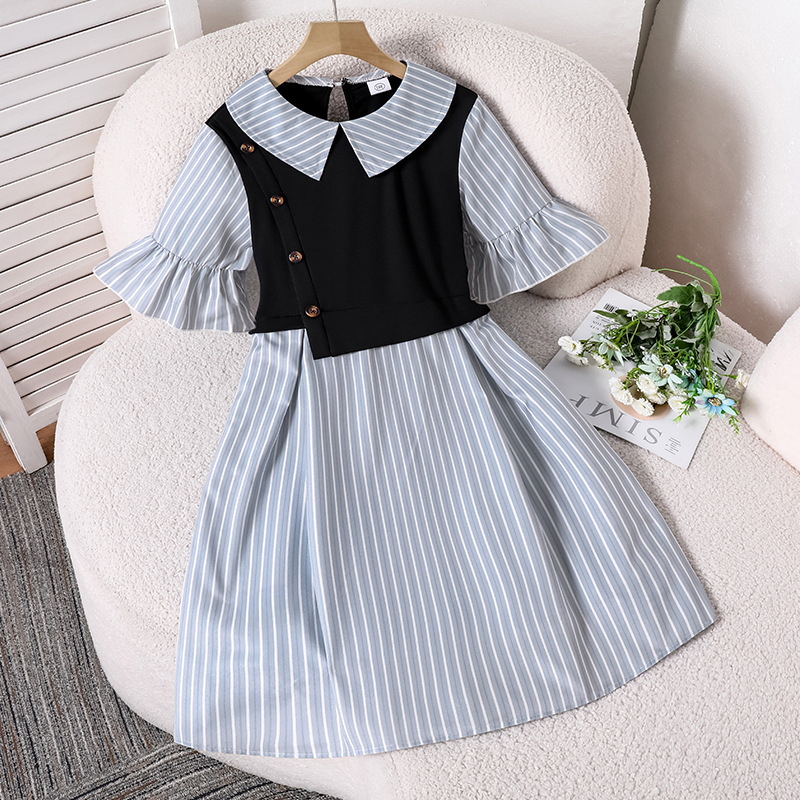 Ventas calientes de ropa infantil transfronteriza media manga azul vestido a rayas 2026 ropa de niñas de verano cintura escolar vestido de camisa
