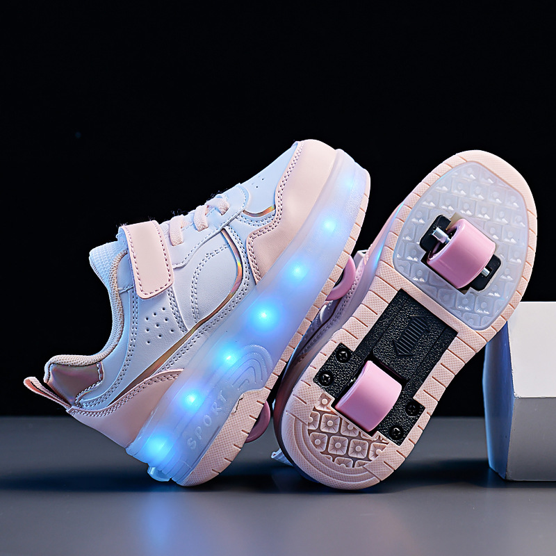 Children's Runaway Shoes 2024 New Girls' Two-wheel Invisible Skates Boys Flash Light Pulley Explosive Walking Shoes Student Tide
