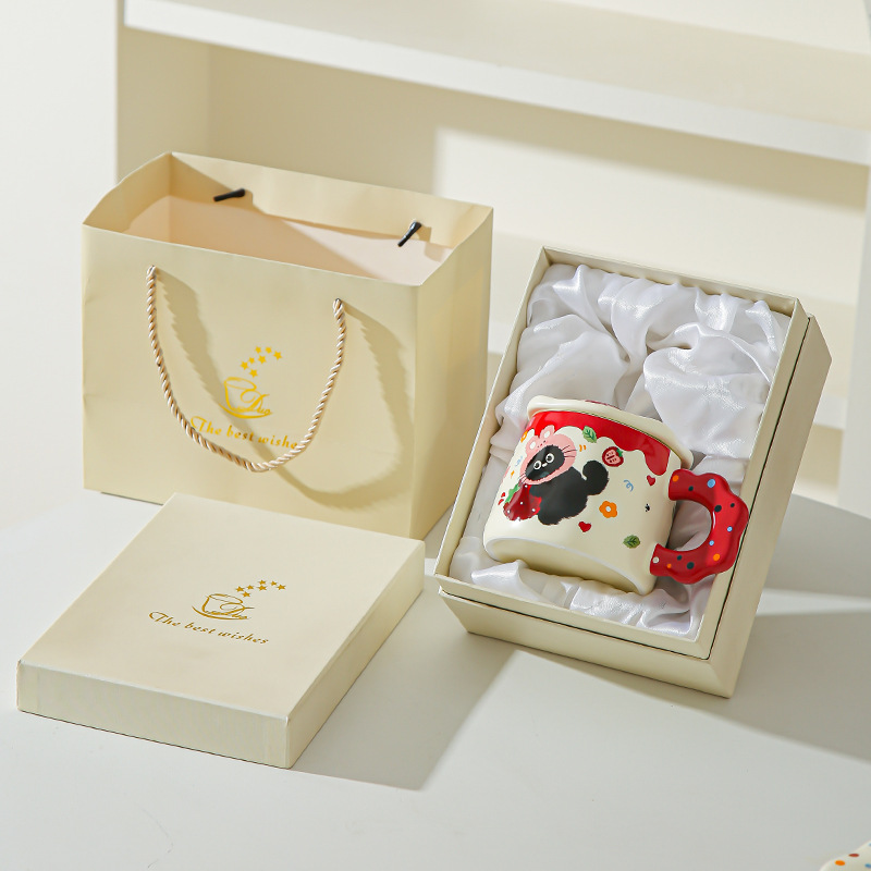 Con cubierta encantador conjunto de dibujos animados gato negro tazas de alto valor pareja tazas de cerámica tazas de agua marca regalo acompañante