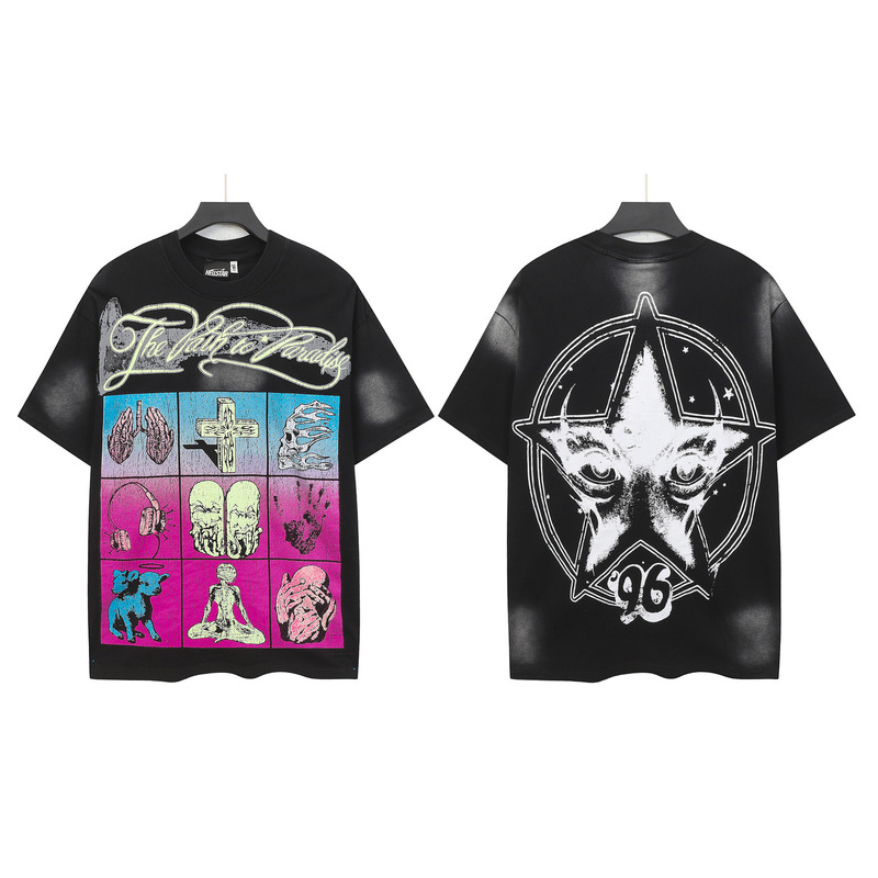クロスボーダー Hellstar Tシャツ 2025年夏 欧米トレンドブランド レタープリント ゆったり半袖Tシャツ 男女兼用|undefined
