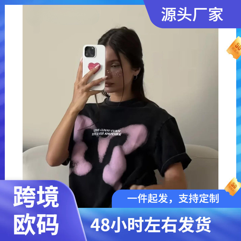 Washed Cotton T-Shirt for Women, Vintage Cotton T-Shirt, Street Hip-Hop Clothing, Soft Mineral Casual T-Shirt, Loose Pink T-Shirt for Girls