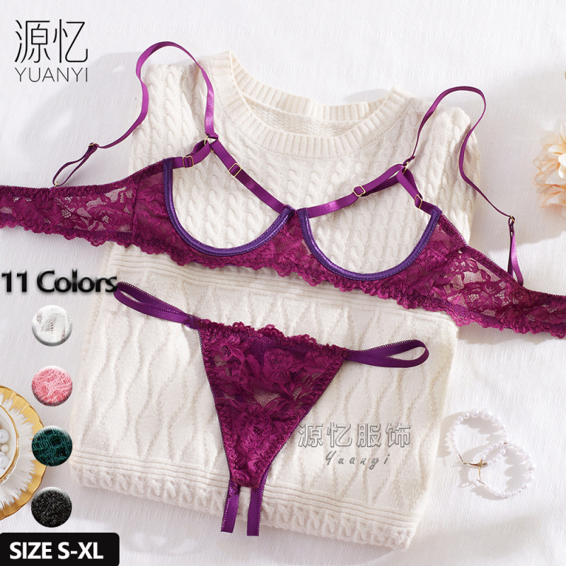 Purple Sexy Lingerie Christmas suit Sexy Three-point Lingerie Open-cut Pure Lace Bra Women's Cross-border Bra