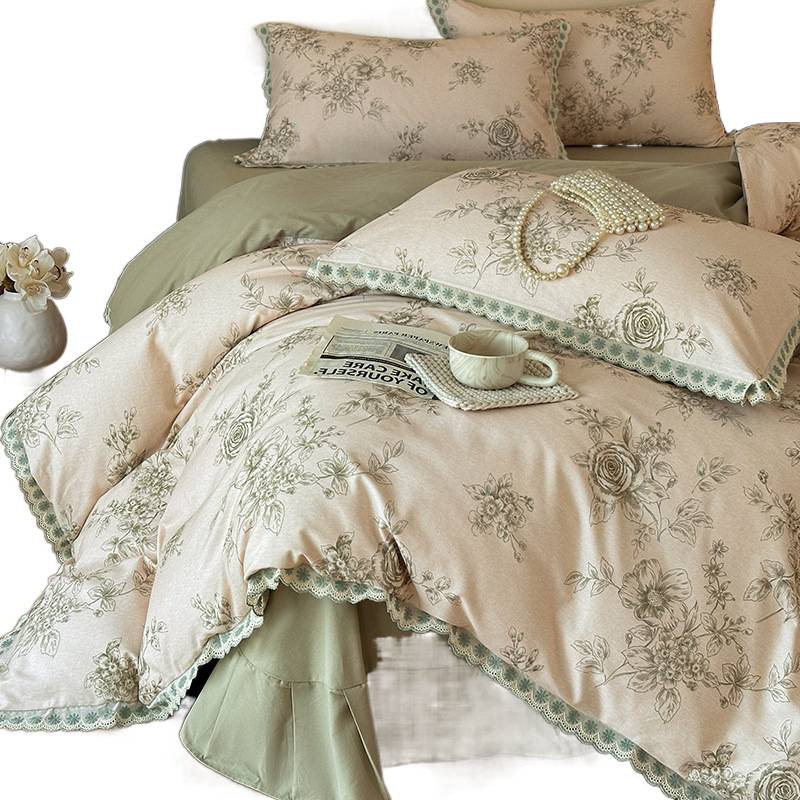 Conjunto de cama completo de quatro peças em algodão puro, grosso, escovado, estilo vintage boho francês nórdico francês, com capa de edredom e lençol. Ideal para outono e inverno._voghion.com