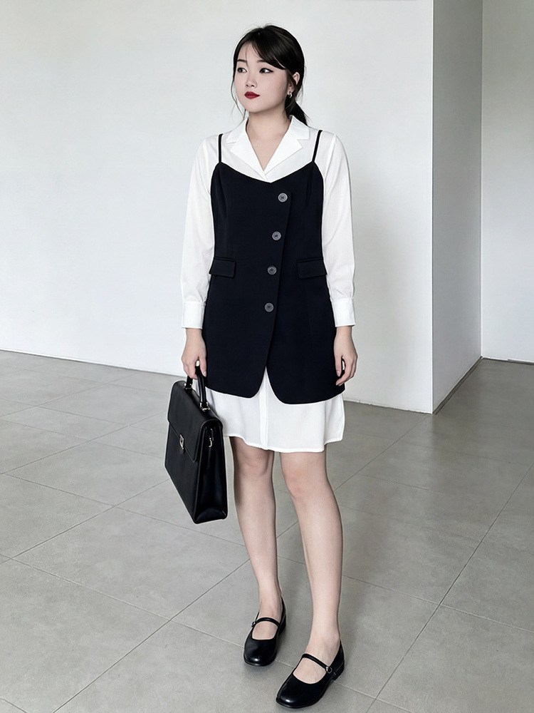 60-150kg Plus Size Women's Shirt Dress with Vest, Suitable for Slightly Chubby Women, Casual Style Two-Piece Set for Spring and Autumn 2026 60-150kg Plus Size Women's Shirt Dress with Vest, Suitable for Slightly Chubby Women, Casual Style Two-Piece Set for Spring and Autumn 2026