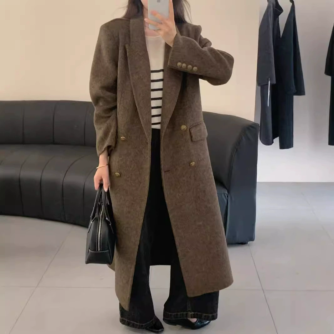 [Ночь Ван Гога] Медная пуговица двубортная женщина высокого уровня наплечный костюм с длинным корейским двухсторонним шерстяным пальто
