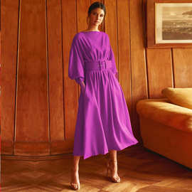 法式2022早春季外贸新款女装一字领七分袖收腰压褶显瘦紫色连衣裙