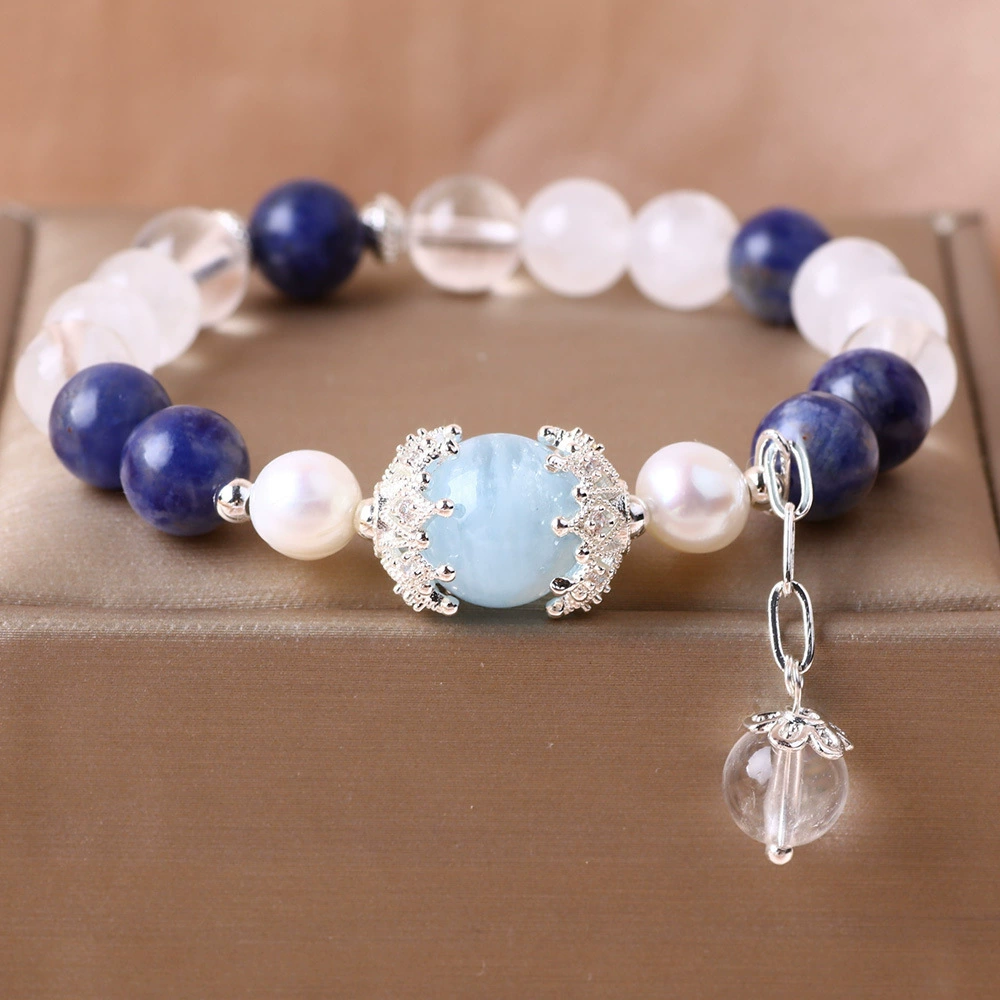Синий полудрагоценный камень, белый хрустальный браслет, аквамариновый синий хрустальный браслет, мультяшный цвет, подходит для мальчиков в качестве подарка