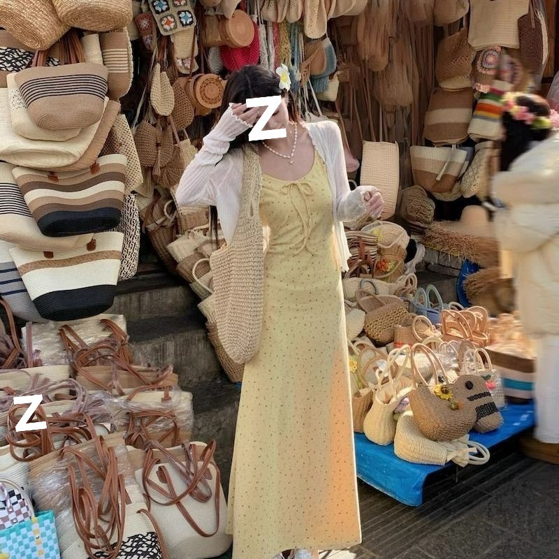 黄色碎花吊带连衣裙女夏季无袖背心裙法式甜美风收腰长裙a字裙子|undefined