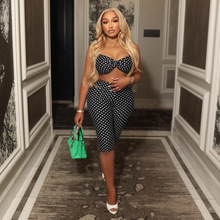 欧美跨境新款女装时尚斑点印花性感吊带上衣齐腰提臀7分裤套装女