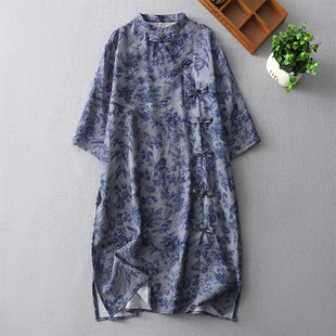 Actual Shot of 2025 New Chinese Retro National Style Blue and White Porcelain Improved Cheongsam Skirt Fat mm Slim Long Shirt Top for Women