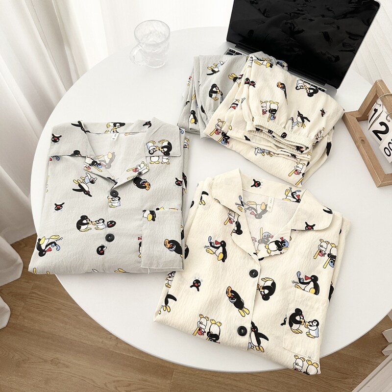 Cloud Cotton Double Long #Baseball Penguin Pajamas Spring and Autumn Long Sleeve Trousers Couple Style Home Clothes Set
