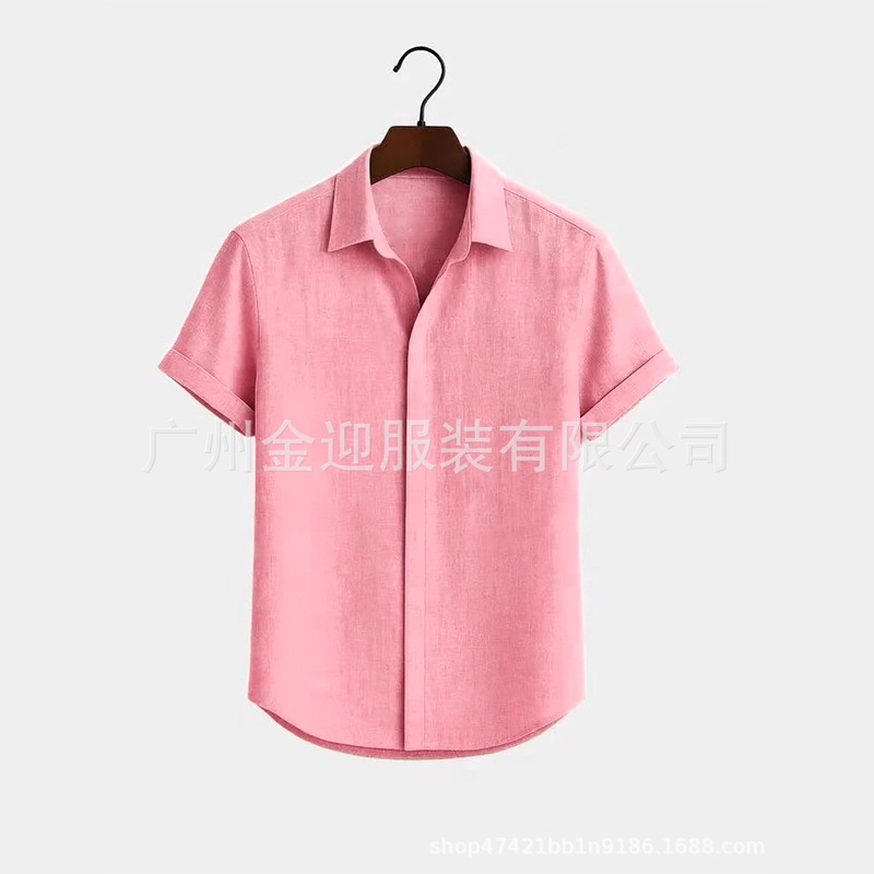 Men's Linen Short-Sleeved T-Shirt Loose Undershirt Pure Color Short-Sleeved Cotton and Linen Shirt Men's Beach Large Size Men's Short-Sleeved Shirt