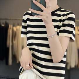意大利设计师夏条纹纯棉短袖T恤女圆领减龄显瘦宽松休闲撞色上衣