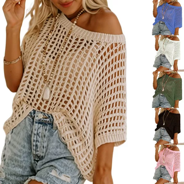 2025 Cross-border Foreign Trade Summer Half-sleeve Sexy Hollow Pick-up Hollow Top Pullover Beach Blouse Knitted Sweater for Women
