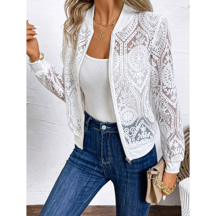 Women's Transparent Lace Zipper Front Jacket Fashion Comfortable Jacket Women's Outer Casual Vacation Shirt