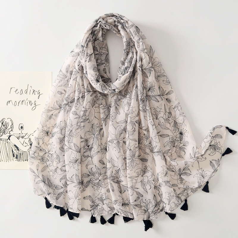 Comercio exterior Venta caliente fina de algodón y lino sentir bufanda de las mujeres elegante todo fósforo floral protector solar bufanda de viaje al aire libre Toalla de playa