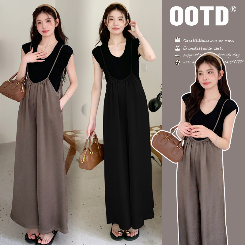 Real shot in stock 2025 summer new pregnant women satin jacquard wide leg suspenders + V collar jacket two-piece set
