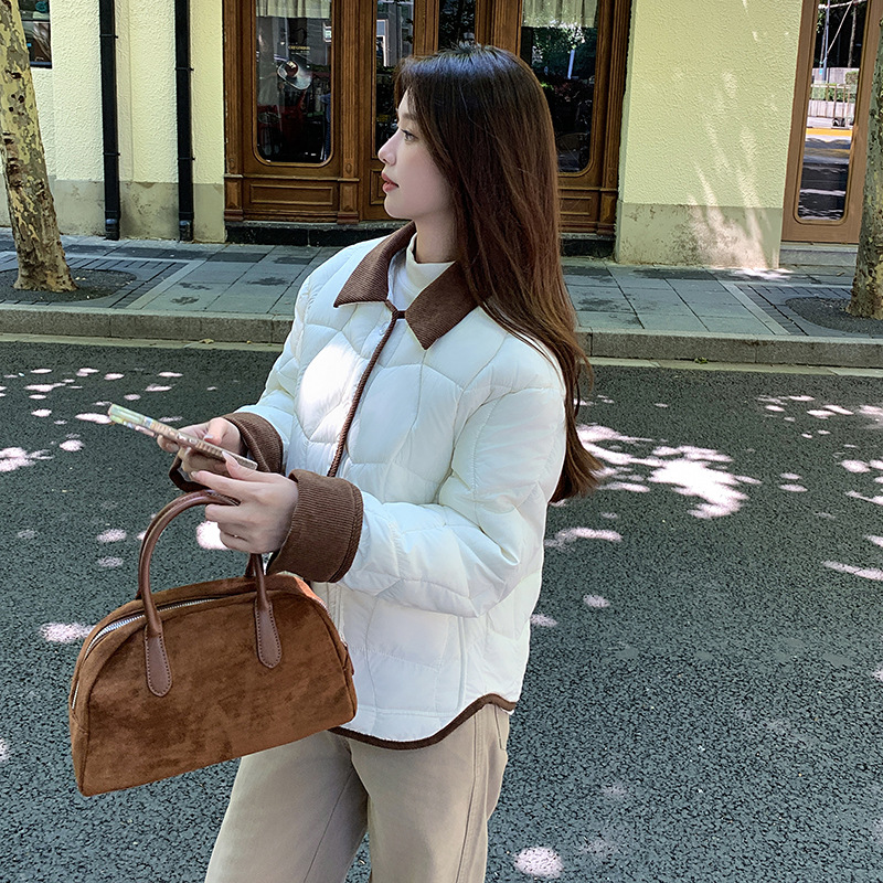 Moda coreana de color contrastante de lana de lana empalmada abrigo de algodón de invierno femenino retro suelto delgado abrigo de algodón cálido image 7