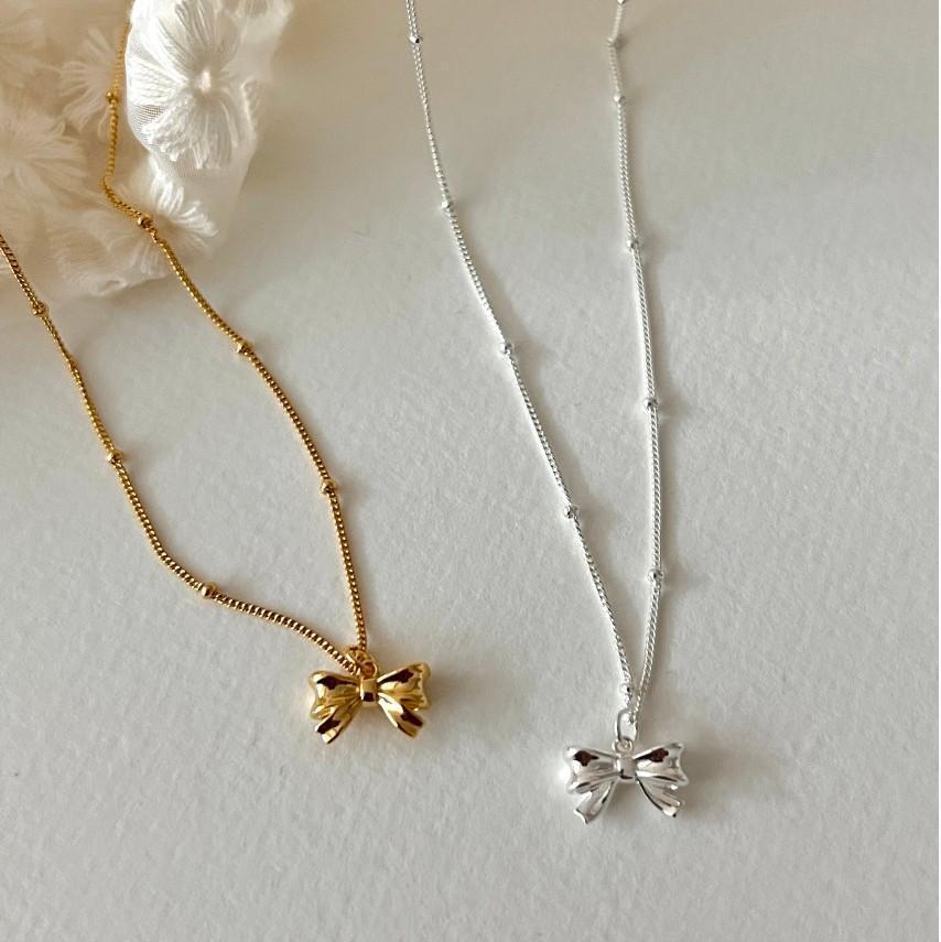 925 Sterling Silver Material 18K Gold Plated 925 Sterling Silver Bow Knot Simple Style Pendant Necklace For Women'S