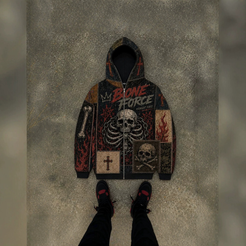 American-style dark skull patchwork zip-up hoodie with cross and bone 3D print, vintage hip-hop cardigan jacket