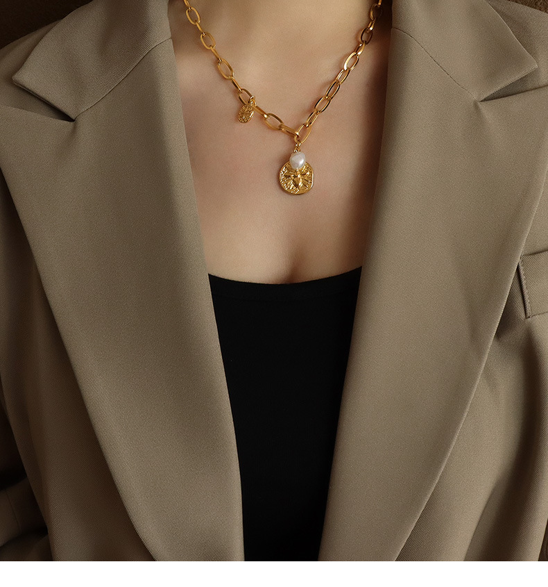 18K Real Gold Plated, Real Gold Plated Plating Material PVD Coated Real Gold Plated Geometric Titanium Steel Fashion Waterproof Non Tarnish Necklace