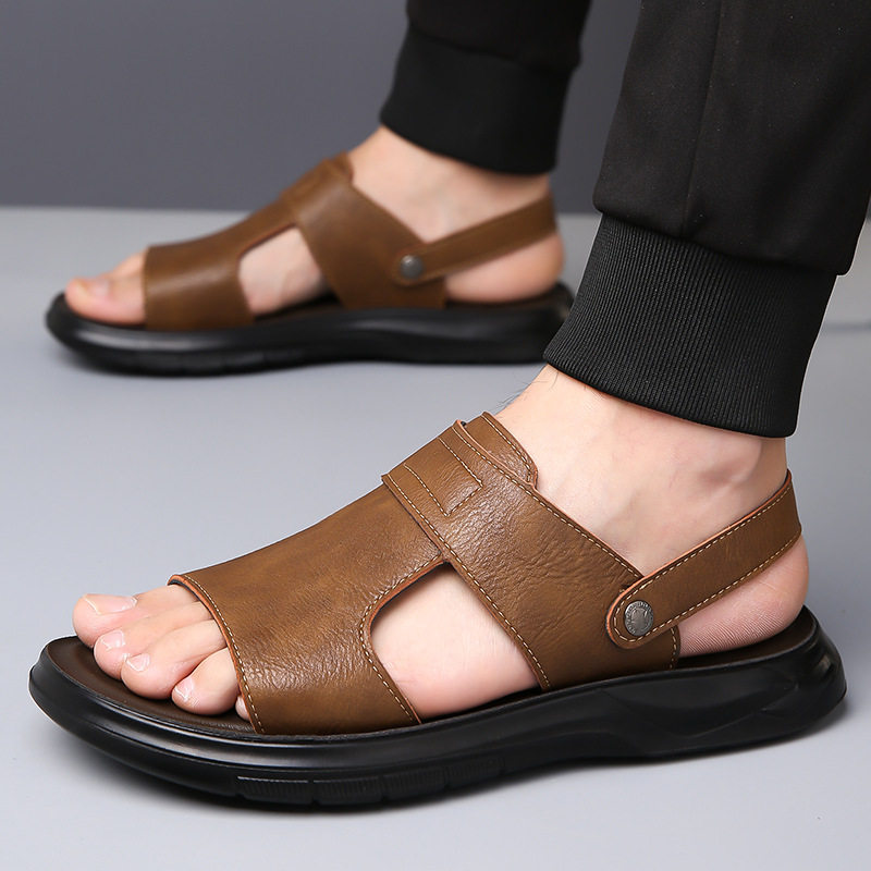 Dép sandal nam đế dày đúc phun, đế mềm chống trượt, hở ngón khoét lỗ thoáng khí đi biển — Màu nâu, màu xám, màu đen