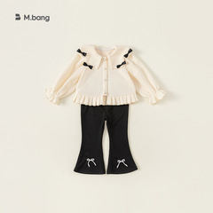 邦選春秋女童套裝小香風蝴蝶結翻領外套喇叭褲兩件套QT23221