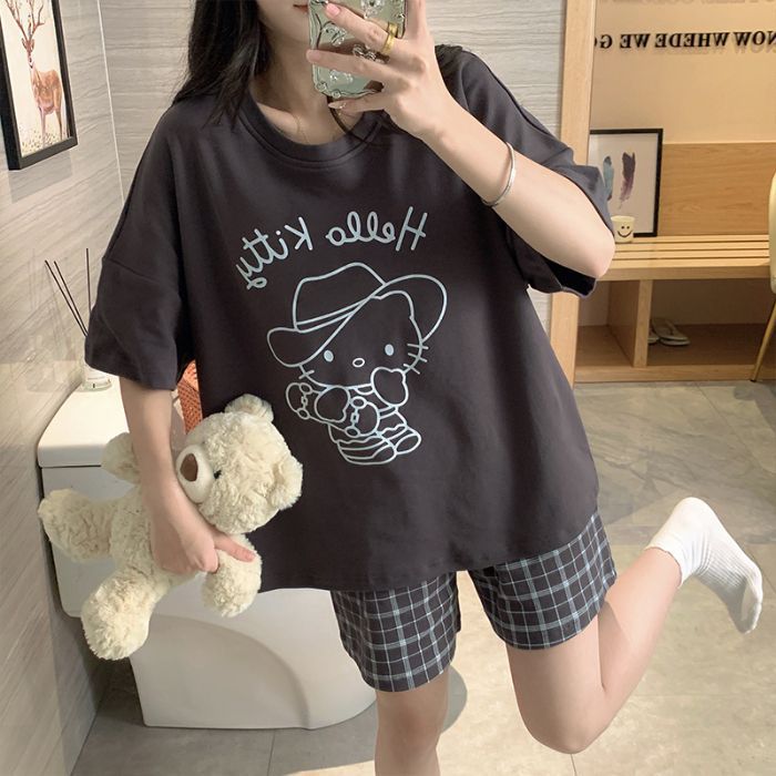 Venta al por mayor transfronteriza verano nuevo estilo cuello redondo pijamas estampados de dibujos animados pantalones cortos de manga corta para mujer