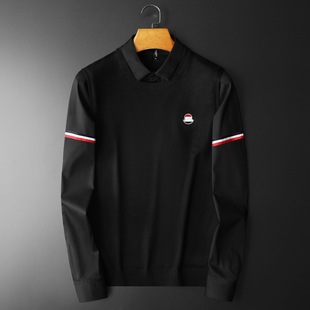 European station 2023 autumn new fake two-piece shirt sweater trendy men's spring and autumn pullover sweater men's