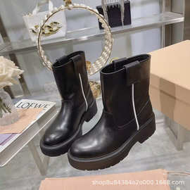2023秋冬新款时尚百搭女时装短靴法式真皮厚底粗跟弹力中筒短靴子