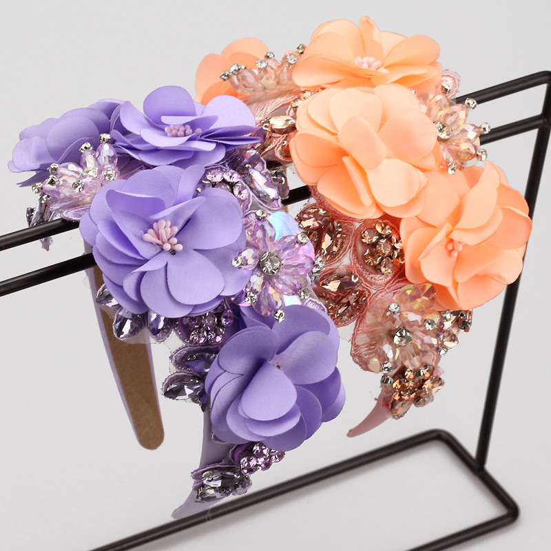 Cross-Border DIY Stereo Flower Evening Dress Decorative Headband Embroidered with Diamond Hair Accessories High-End Multi-Color Prom Headband