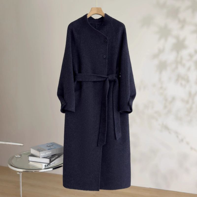 Endi Korean-Style Navy Blue Wool Coat for Women, High-End Feel, Stand Collar, Diagonal Button, Double-Sided Woolen Coat