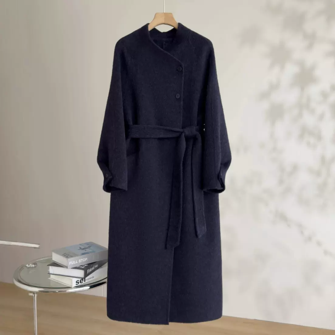 恩迪韩系藏青色羊毛大衣女季高级感立领斜扣双面呢子外套