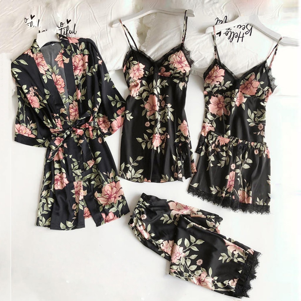 Pajamas factory wholesale printing women's imitation sling sleeping loose comfortable lace five-piece set home wear underwear nightgown